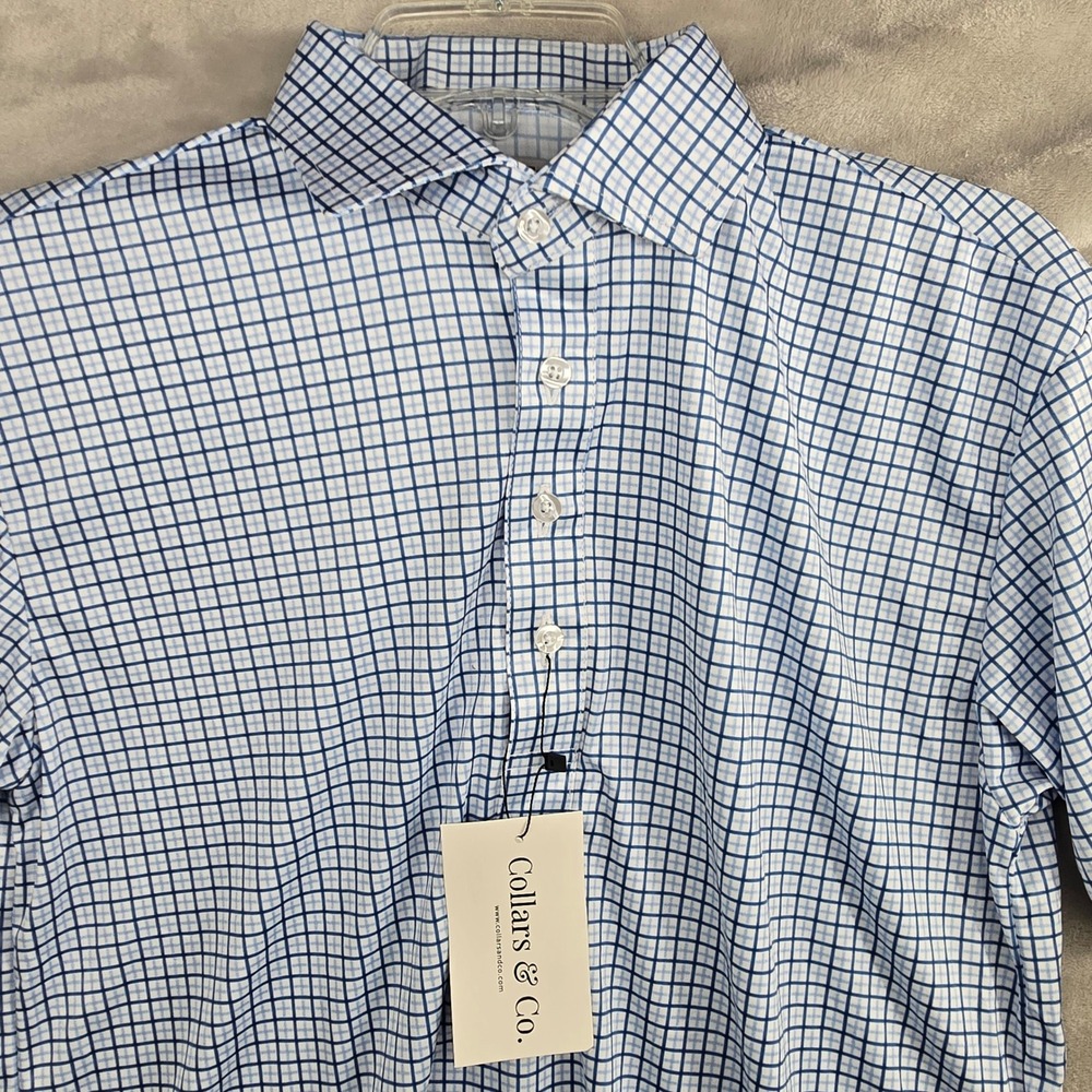 Collars & Co Mens‎ Medium Tall Blue Plaid Performance Polo Shirt Lightweight